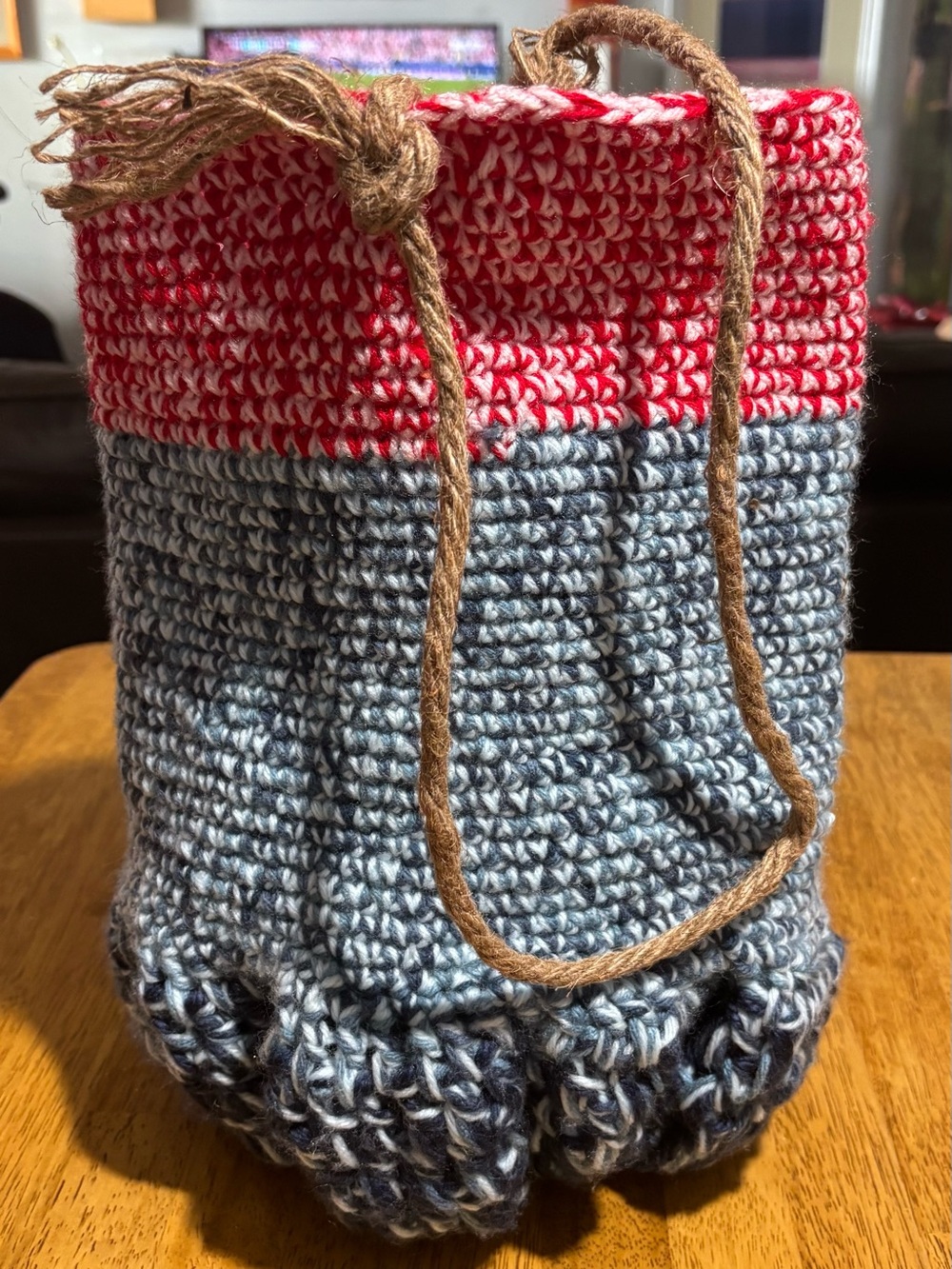 Hand-Crocheted Bucket Bag in Red & Light Blue & Dark Blue